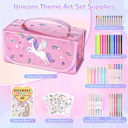 nasominako Washable Scented Markers Set for Kids - Unicorn Coloring Art Supplies Set for Kids Ages 4-8 Birthday Gifts for 4-8 Year Old girls Unicorn Pencil Case 54 PCS - color: Pink