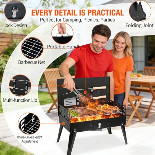 Mini Portable Charcoal Grill, Foldable Camping Mini Grill for Outdoor Cooking, Compact Design Barbecue Accessories with Barbecue Tools, Perfect for Beach, Backyard, Picnics