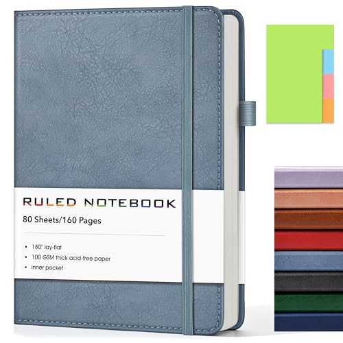 Lined Journal Notebook, A5 Hardcover Leather Journals for Writing, 160 Numbered Pages, 5.7'' x 8.3'' Journaling Notebooks for Men Women, Thick Paper College Ruled Journal for Work Office School, Dusty Blue - color: Dusty Blue, size: Lined