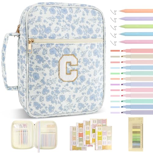 Personalized Initial Bible Cover Case for Women Girls Kid - Large Quilted Bible Case with Handle,Chenille Letter Bag Study Supplies,Christmas Gifts for Christians Birthday Graduation(Blue Flower-C) - color: Blue Flower, size: letter-C