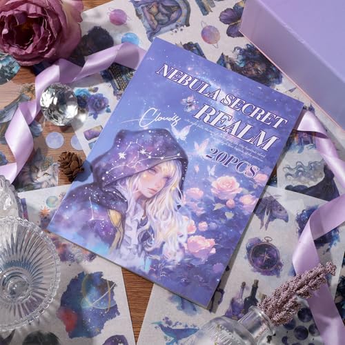 Fantasy Magic Scrapbook Stickers 20 Sheets 240 Pre-Cut Washi Stickers for Journaling PET Transparent Book Sticker Decorative or DIY Paper Crafts, Arts and Crafting Projects - color: Nebula Secret