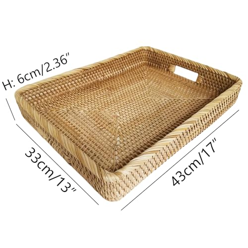 i-lan 17-Inch Large Rectangular Rattan Serving Tray with Handles
