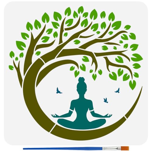 FINGERINSPIRE Tree of Life Stencil with a Paint Brush 11.8x11.8Inch Reusable Yoga Practitioner Stencil PET Birds Yoga Decoration Template Plant Theme Template for Wood Wall Floor Furniture - style: Yoga with Tree of Life