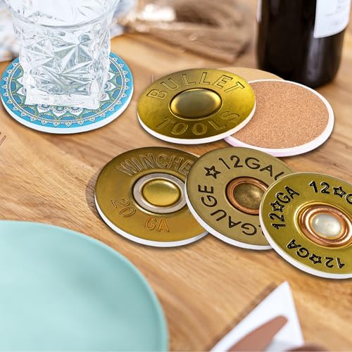 Coasters for Drinks with Holder Set of 6, Shotgun Shell Ceramic Coaster Absorbent for Office Desk Table Coasters Kitchen Decor House Warming Gifts for New Home Couples, Round 4" - color: Shotgun Shell