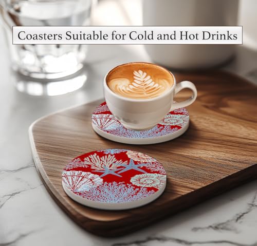 Nikyi 6 Pcs Coastal Shells in Red Ceramic Absorbent Coasters, Round Drink Coaster with Metal Holder & Cork Base, Nautical Beach Coaster for Coffee Table Kitchen Living Office Desk Home Decor Gifts - color: Coastal Shells in Red
