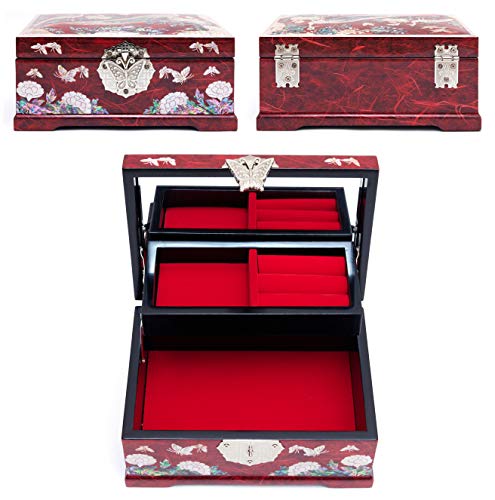 MADDesign Mother of Pearl Jewelry Box Multilevel Red Peacock Design - color: Red