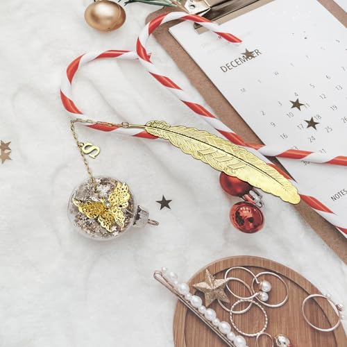 Initial Letter and Butterfly Charm Metal Feather Bookmark (Gold-S) - style: Gold-S