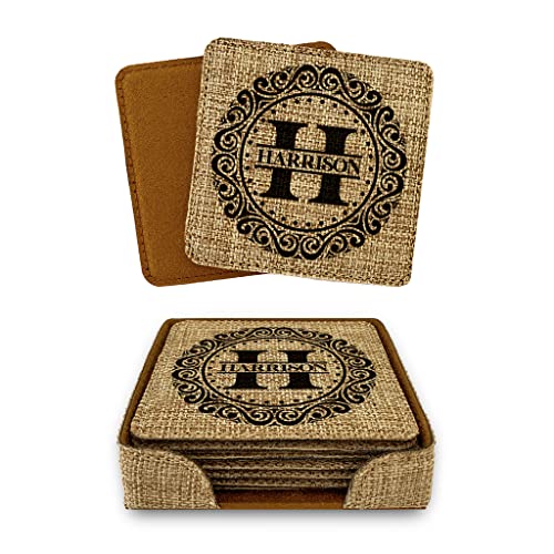 Smile Art Design Family Monogram CUSTOM COASTER Set of 6 with base Square Burlap Material Family Name Personalized Prints Personalized Gift House warming Wedding Gift Coffee Table Rustic Decor Style5 - color: Style 05, size: Set of 6 - Square Coaster
