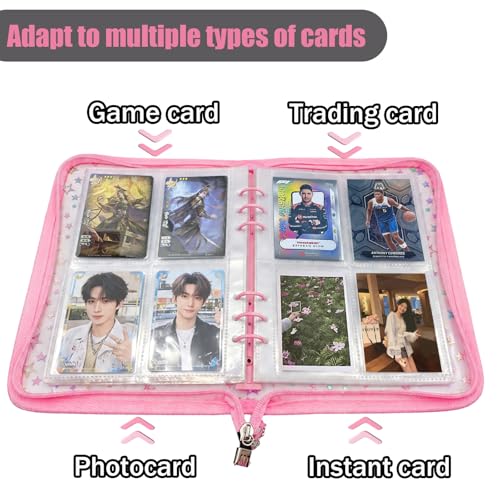 A5 Kpop Photocard Binder Holder with 50 Sheets Double Sided Sleeves for Polaroid Instax Mini Photo Album Zip Book Game Trading Sports Baseball Card Binder 6 Ring 4 Pocket Collector (Pink) - color: Pink