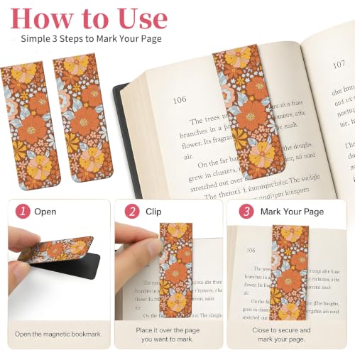 5 Pieces Magnetic Bookmarks, Cute Magnet Bookmark Clips, Colorful Page Markers for Books, Reading Supplies for Book Lovers, Women and Men Boho Orange Flower - color: Boho Orange Flower