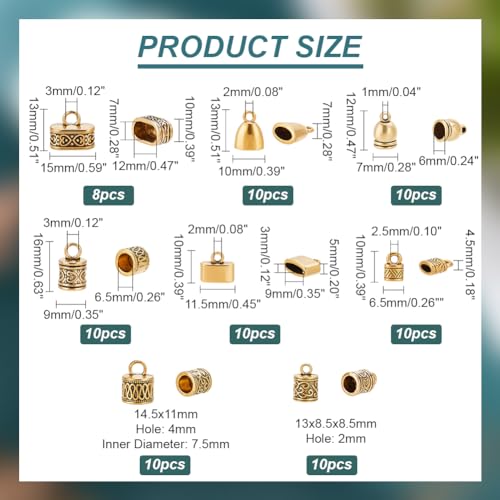 PH PandaHall 78 pcs 8 Styles Leather Cord End Cap Alloy Tibetan Style Metal Bead Tube Barrel Loop Clasp for Earring Bracelet Jewelry DIY Craft Making Antique Golden, for 2~12mm Cord - color: Antique Golden-78pcs