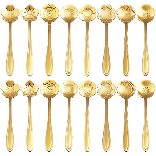 16 Pieces Flower Spoon Coffee Teaspoon Set, PBIEHSR Stainless Steel Coffee Tea Spoons for Drink Mixing Milkshake Jam (Gold-16) - style: Gold-16