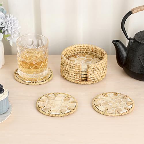 Coastal Coasters Set of 6, Boho Coaster Set with Holder, Fish Scale - style: Fish Scale