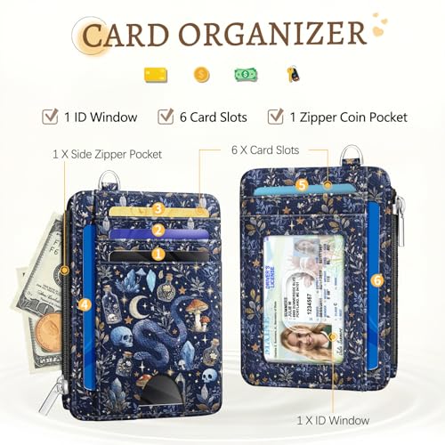 Kelvoris Credit Card Holder Small Wallet Women, Slim RFID, Goth Mushroom - color: Blue Goth Skull