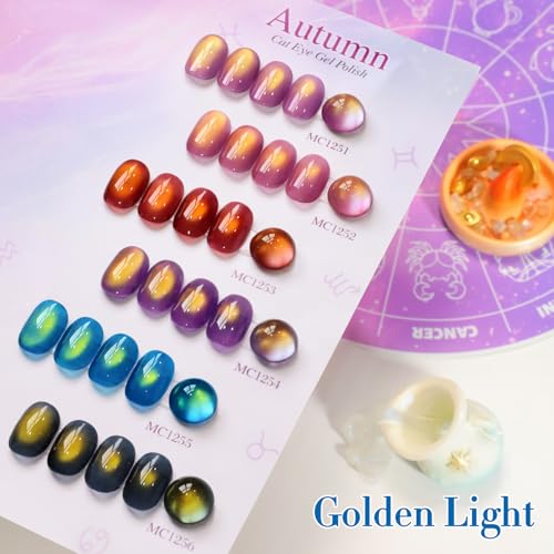 Double Rhythm Cat Eye Gel Nail Polish Set of 6 Same Color Same Bottle 0.5 Oz Shimmer Glitter with Magnet Holographic Reflective Magnetic UV Nail Polish Kit at Home (Golden Autumn Brown-T6-57) - color: Golden Autumn