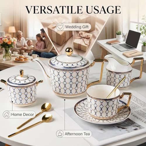 4Pcs White Gold Bone China 7oz Cup Saucer, British Coffee Tea set - color: White Gold