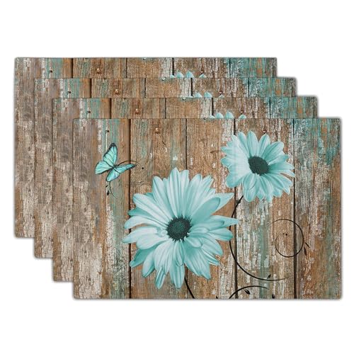 Giwawa Rustic Daisy Placemats Set of 4- Teal Sunflowers on Vintage Wood Board Linen Place Mat- Farmhouse Wooden Non Slip Heat Resistant Table Mats for Dining Kitchen Cabin Lodge Decor - color: Daisy Teal