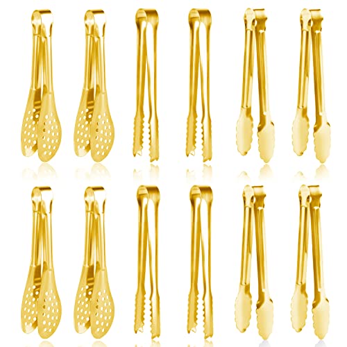 12 Pack Gold Premium Small Serving Tongs, Dmoera Mini Stainless Steel Appetizer Tongs, 5 Inch(12.7cm) - size: 5.1 inch