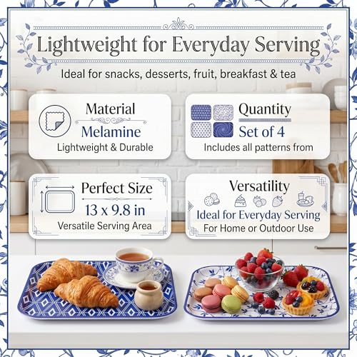 Vesici 4 Pack Blue White Melamine Serving Trays, 13 x 10 Inch Platters - style: Blue and White Porcelain
