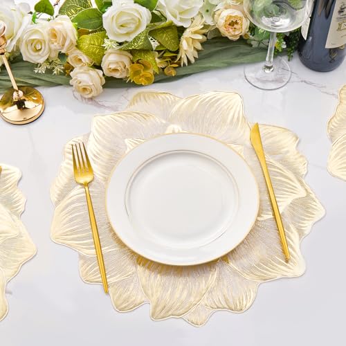 Gold Placemats Set of 6, Creative 3D Flower Placemats Waterproof Oil-Proof - color: Gold Flower