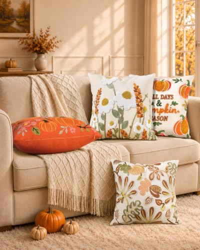 Embroidered Throw Pillow Cover, 18x18 Inch, Fall Wildflower - color: Fall Wildflower, size: 18" x 18" (Pack of 1)