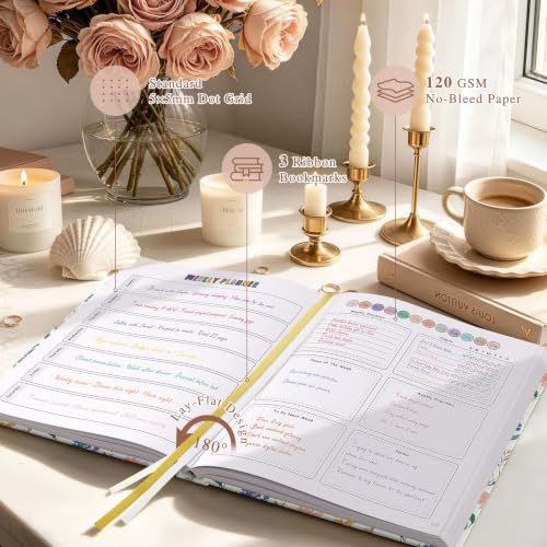 Everloria Premade Dotted Journal Notebook, 12 Months Pre-made Templates, 260 Hand-Drawn Coloring Pages, Undated Weekly & Monthly Planner, 7.8"x9.3" Leather Dot Grid Mood Habit Tracker - color: Floral B