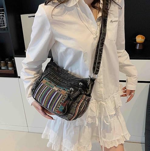 Black Denim Purse Crossbody Bags, Boho Hobo Crossbody Bags for Women, Casual Hippie Travel Purse with Lots of Pockets - color: Black