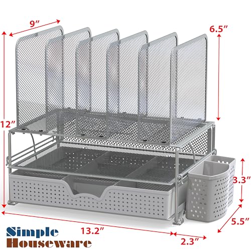 Simple Houseware Desk File Organizer for Office Supplies w/Drawer, Silver - color: Silver