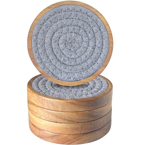 Wood Coasters for Drinks, Eykao Absorbent Coaster Sets of 5, Woven Drink Coasters for Coffee Table, Housewarming Gift for Farmhouse Home Decor,4 inches - color: Light Grey