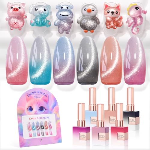 Double Rhythm Cat Eye Gel Nail Polish Set of 6 Same Color Same Bottle 0.5 Oz Shimmer Glitter with Magnet Holographic Reflective Magnetic UV Nail Polish Kit at Home (Color Changing-T6-49) - color: Color Changing Nude Pink