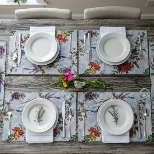 DaDa Bedding Tropical Paradise Floral Blue Roses Placemats - Set of 4 Tapestry Nature Birds Exotic Flowers Botanical Garden Berries - Decorative Linen Woven Kitchen Dining Table Mats - 13” x 19” - color: Tropical Paradise