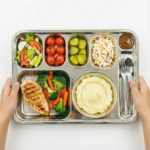 Korean Stainless Steel XL Divided Plates with Cutlery Slot for Adults 2Pack - size: 8 Compartments