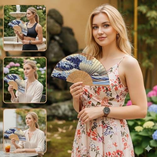 Lysa Hand Fan for Women Foldable - Portable Folding Japanese Chinese Fan - for Hot Flashes, Summer Cooling, Festivals, Church, Dancing (Kanagawa Wave) - color: Kanagawa Wave