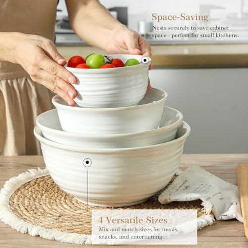 Hasense Porcelain Mixing Bowls, 2.8/2.1/1.0/0.5 Qt, Handmade Large Salad Serving Bowls for Kitchen, Deep Nesting Dishes for Cooking and Baking, Microwave Dishwasher Safe, Clay-Infused White - color: Clay-Infused White, size: 20+40+84+108 Ounce