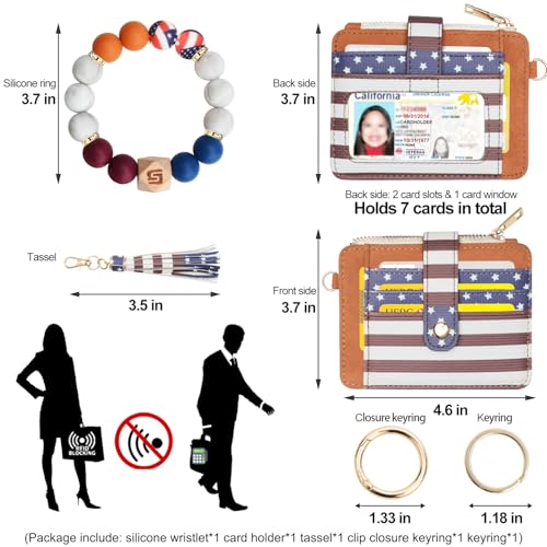 COOLANS Silicone Bracelet Wristlet Wallet Credit Card Holder RFID ID Window Key Ring Tassel Slim Wallet Women Keychain Purse - color: Brown Flag