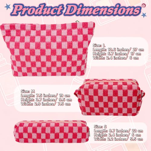 3 Pieces Checkered Makeup Bag Set, Pink Cosmetic Bags for Women, Large Medium Small Portable Travel Toiletry Bag, Cute Zipper Pouch Organizer for Purse, Skincare, Cosmetics, Stationery - color: 3 pcs Pink
