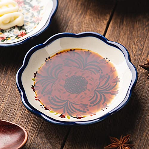 Sizikato 4pcs Porcelain Appetizer Plate, 4-Inch Snack Plate Sauce Dipping Saucer, Exotic Flower Pattern - color: 4 colors