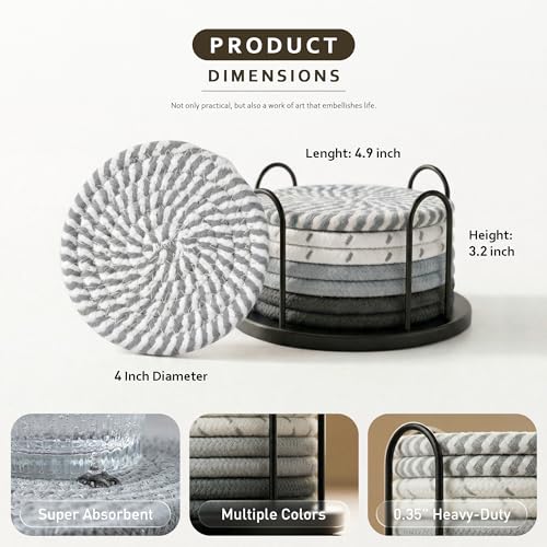 Lazebox Coasters Set of 8 for Drinks, 4 Inch Large Coasters for Coffee Table, Tabletop Protection for Hot & Cold Drinks, Versatile Coasters for Home Decor, Non-Slip & Easy to Clean, Gray - color: Gray