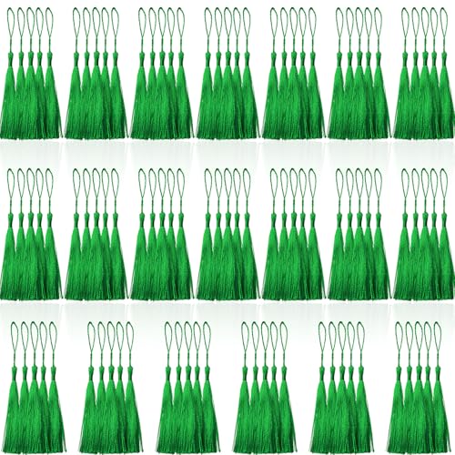 100 Pcs Green Mini Tassels 13cm/5 Inch with Loops for Bookmarks, Jewelry Making, DIY Projects - color: Green