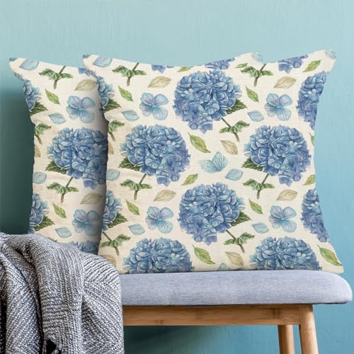 Spring Floral Pillow Covers 18x18 Pack of 2 Blue Hydrangea Flower Throw Pillow Covers Decoration,Summer Holiday Decor Pillowcase Rustic Farmhouse Linen Cushion Case for Home Sofa Couch Outdoor - color: Blue Hydrangea, size: 18" x 18" (Pack of 2)