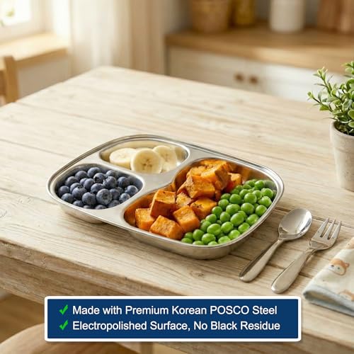 Korean Stainless Steel Divided Plates for Toddlers, Kids, Babies, Premium 304, Electro-Polished, No Black Residue, BPA-Free, 3-Compartment Plate, Food Tray for Camping, Balanced Meals, Set of 2 - size: 3 Compartments