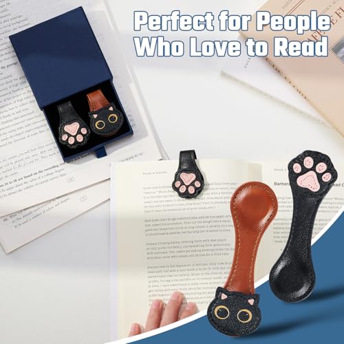 Ovesmusl 2Pcs PU Leather Cat+Paw Magnetic Bookmarks with Pen Holder - style: Cat+Paw (Brown+Black)