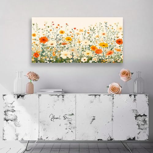 KZKU Floral Wall Art Canvas Print Orange and White Wildflowers Modern Botanical Watercolor style Flower Picture for Bedroom Living Room Artwork Home Wall Decoration 20x40in - color: Orange and white/floral, size: 40"L x 20"W