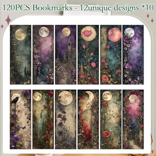Moonlit Night Garden Bookmarks Gifts - Cosmisun 120 Pcs Fantasy Floral Bookmark Paper Vintage Flower Castle Book Marks Page Marker Clip Favors for Women Men Office Home Book Lovers Reading Supplies - color: Moonlit Night Garden