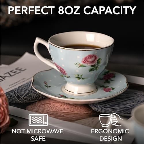 BTaT- Floral Tea Cups and Saucers, Set of 12, 8 oz, Fine Porcelain Teacup Set with Gold Trim for Afternoon Tea, Weddings, Parties & Gifting, Dishwasher Safe, Lightweight, Non-Toxic - color: Multicolor, size: 12 Pack