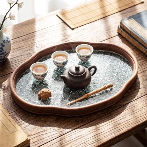 Glass Serving Tray with the Crabapple Pattern and Walnut Rectangular Serving Platter, Vintage Floral Edge Decorative Countertop Organizer for Vanity, Coffee Table, Jewelry Display (Clear) - color: Clear