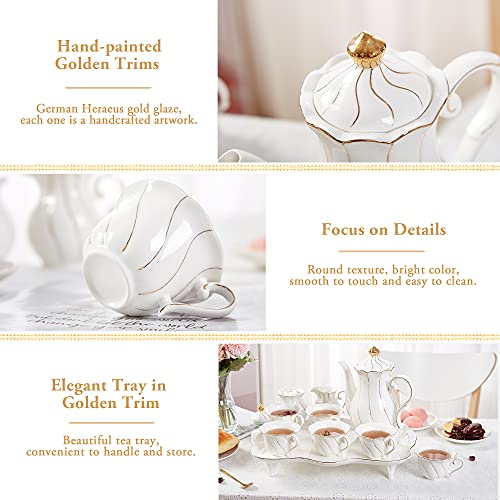 DUJUST 14 pcs Tea Set for 6 with Tea Tray & Spoons, Luxury British Style Coffee Cup Set with Golden Trim, Beautiful Porcelain Set for Living Room Decor, Tea Party Set, Gift Package - White - color: 14pcs tea set