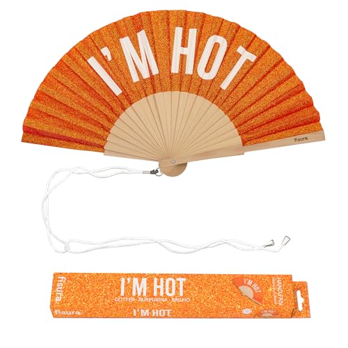 Fisura – Original folding fan with “I’m H*t” message. Colorful wooden folding fan in orange glitter with strap included. Fun gift idea for travel beach days or summer events. 16.7 x 9 in. - color: I'm H*t, Orange