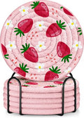 Absorbent Cup Coasters Set of 6 with Holder, Strawberry Flower - color: Strawberry Flower