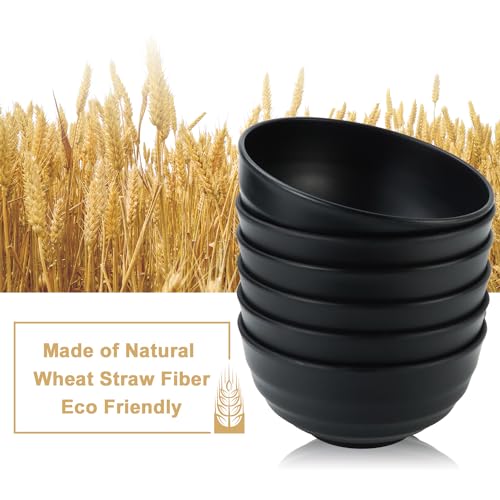 60oz Wheat Straw Bowls, Large Salad Bowls Set of 6 (Black) - color: Black, size: 60 Oz
